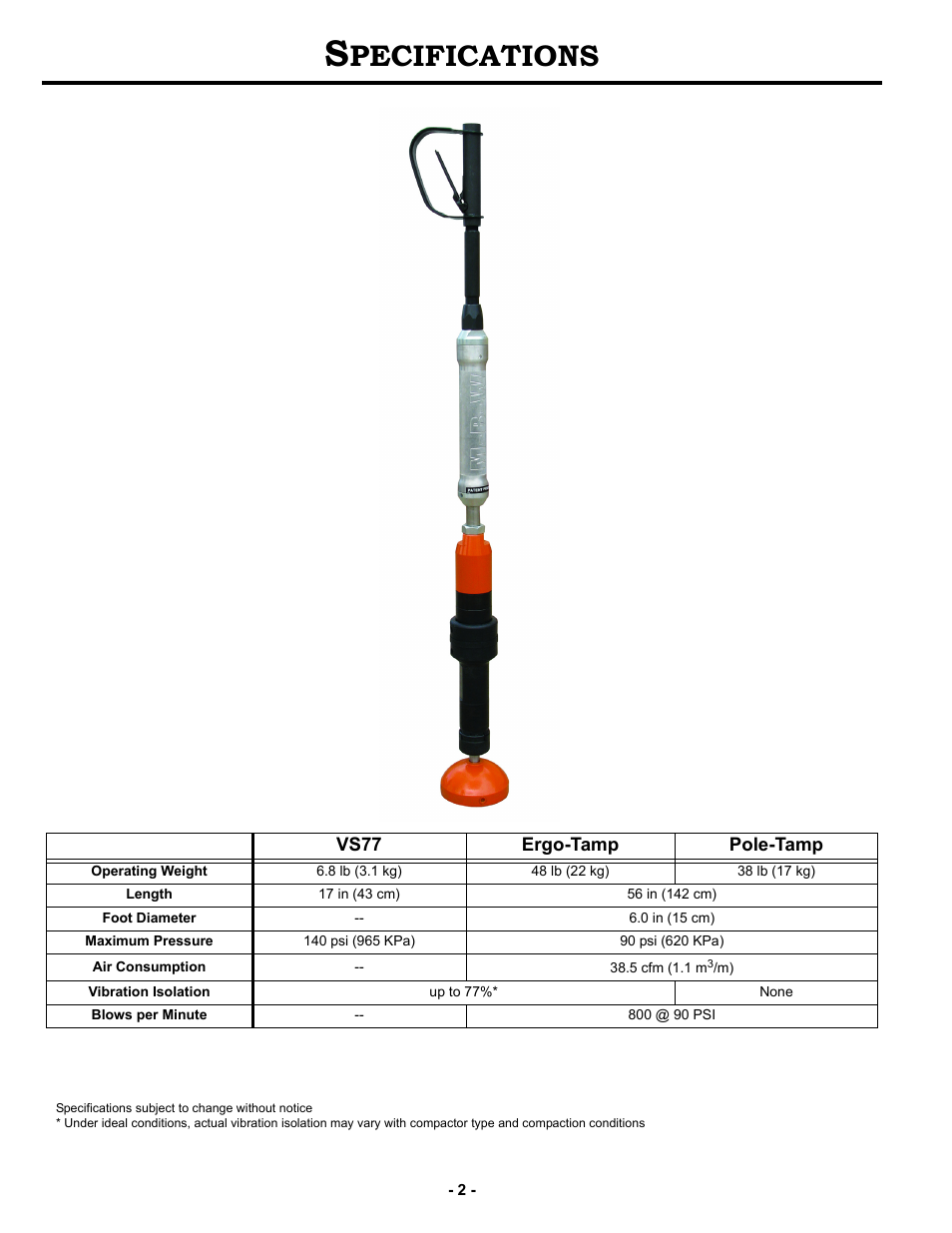 Specifications, Pecifications | MBW VS77M User Manual | Page 5 / 21