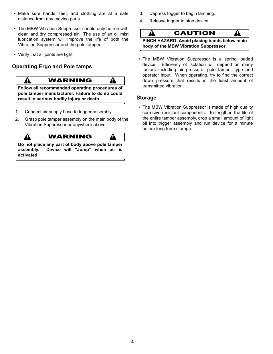Operating ergo and pole tamps, Storage | MBW VS77M User Manual | Page 7 / 21
