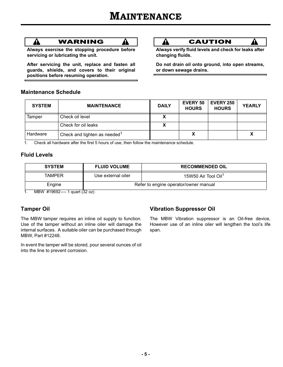Maintenance, Maintenance schedule, Fluid levels | Tamper oil, Vibration suppressor oil, Aintenance | MBW VS77M User Manual | Page 8 / 21