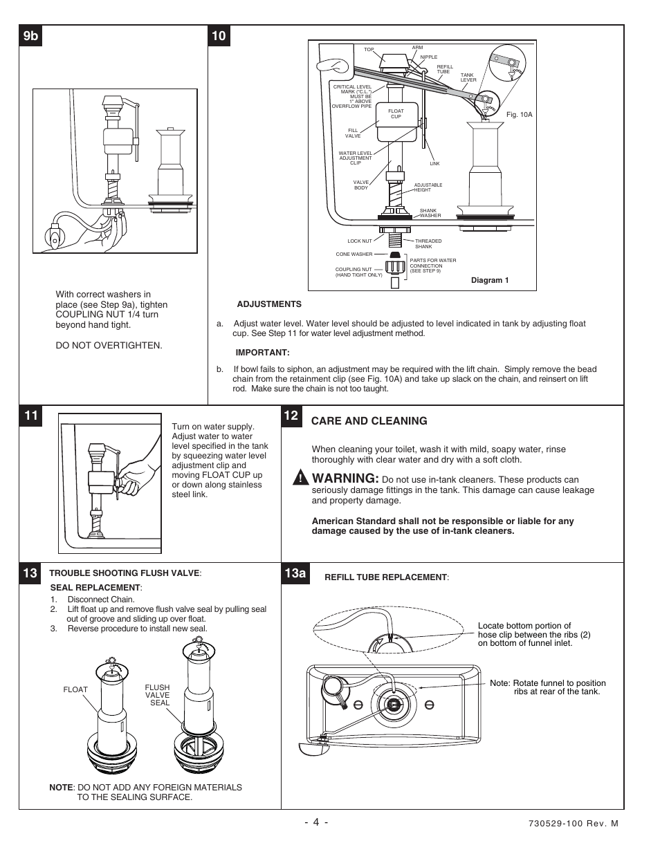 10 9b, 13 13a, Warning | Care and cleaning | American Standard 2076 User Manual | Page 4 / 6