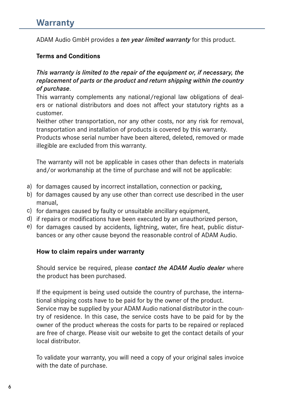 Warranty | ADAM Audio HM2 User Manual | Page 6 / 8