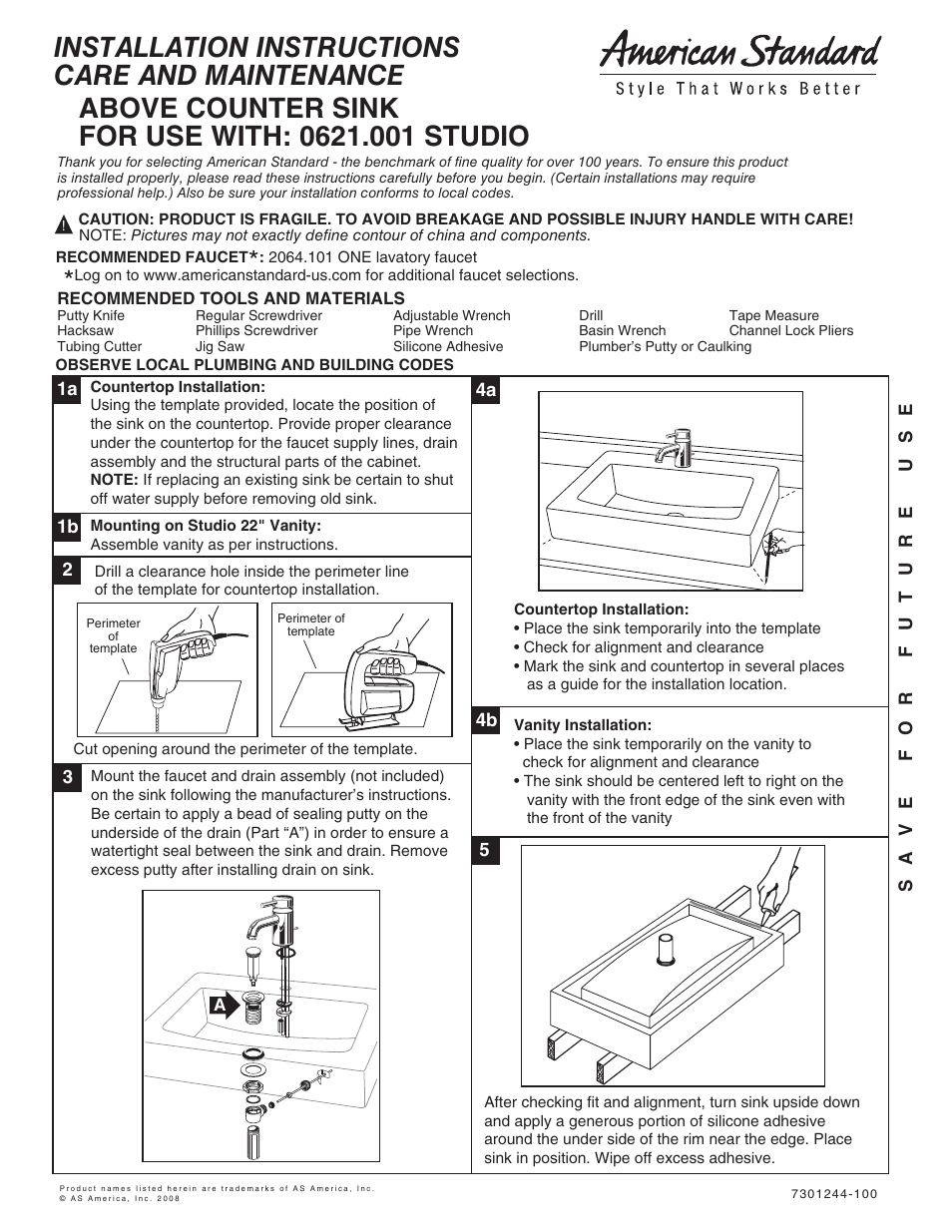 American Standard 0621.001 STUDIO User Manual | 2 pages