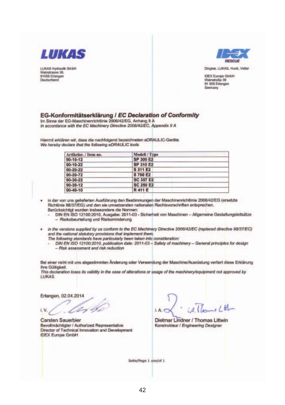 Ec declaration of conformity | Lukas SC 357 E2 User Manual | Page 42 / 48