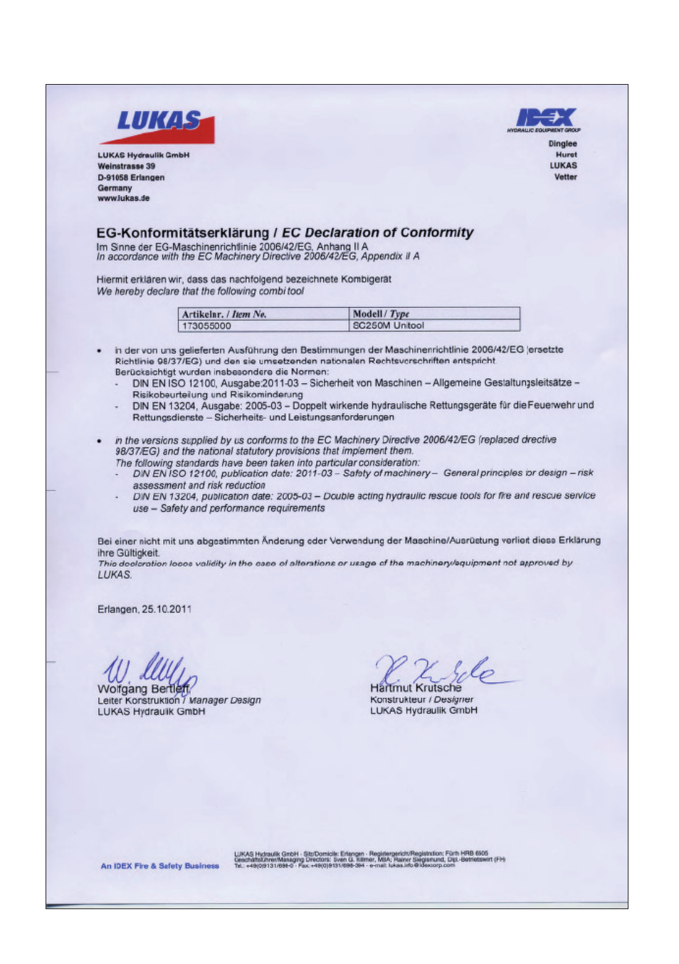 Ec declarations of conformity | Lukas SC 250 M User Manual | Page 22 / 24