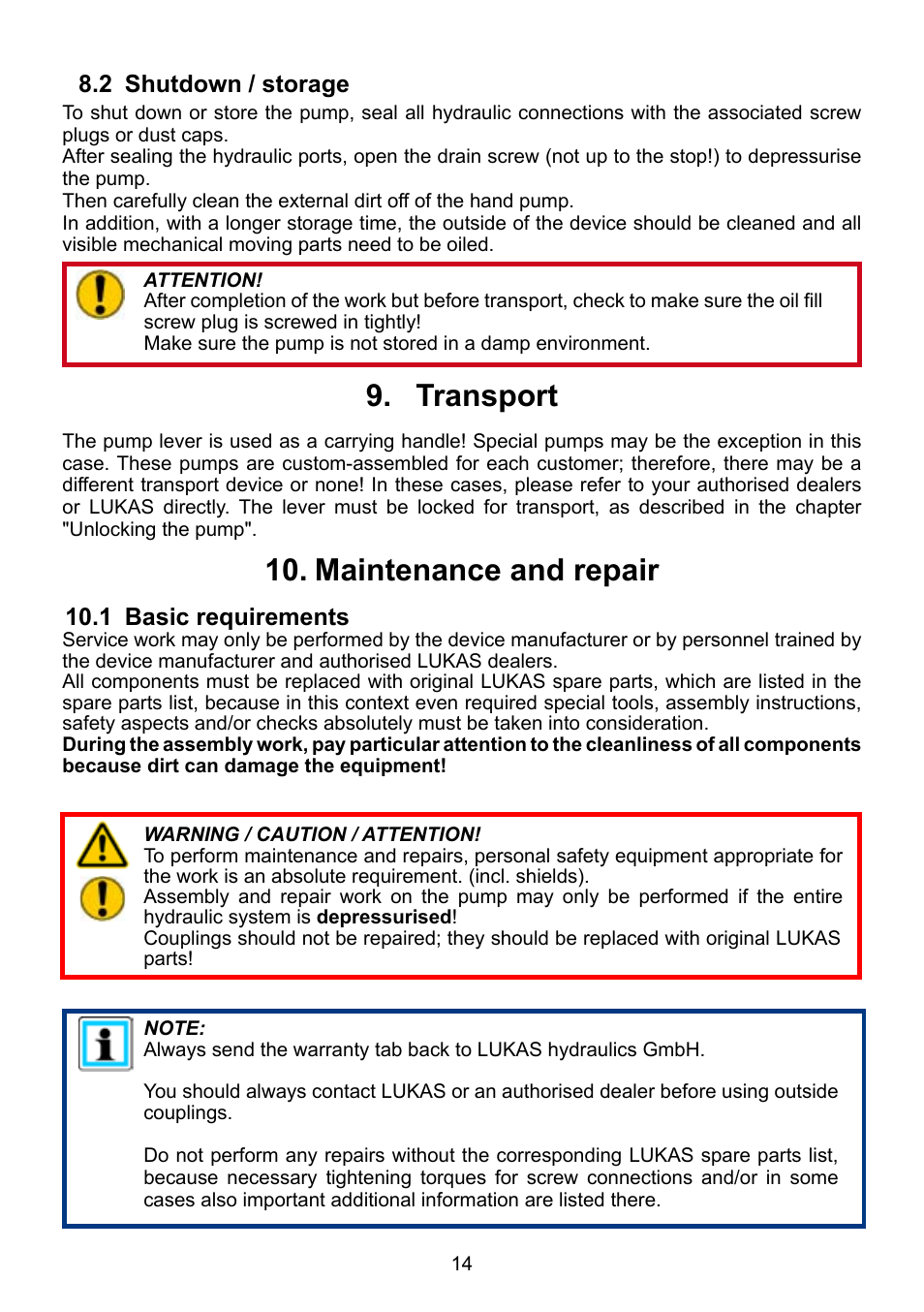 Transport 9, Maintenance and repair 10 | Lukas LH 2/ 1,8-70 DIN User Manual | Page 14 / 28