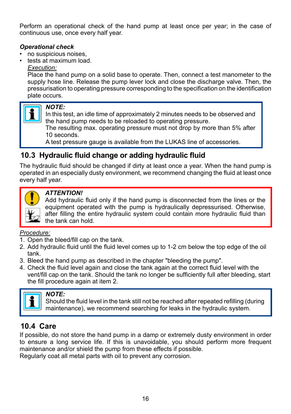 3 hydraulic fluid change or adding hydraulic fluid, 4 care | Lukas LH 2/ 1,8-70 DIN User Manual | Page 16 / 28