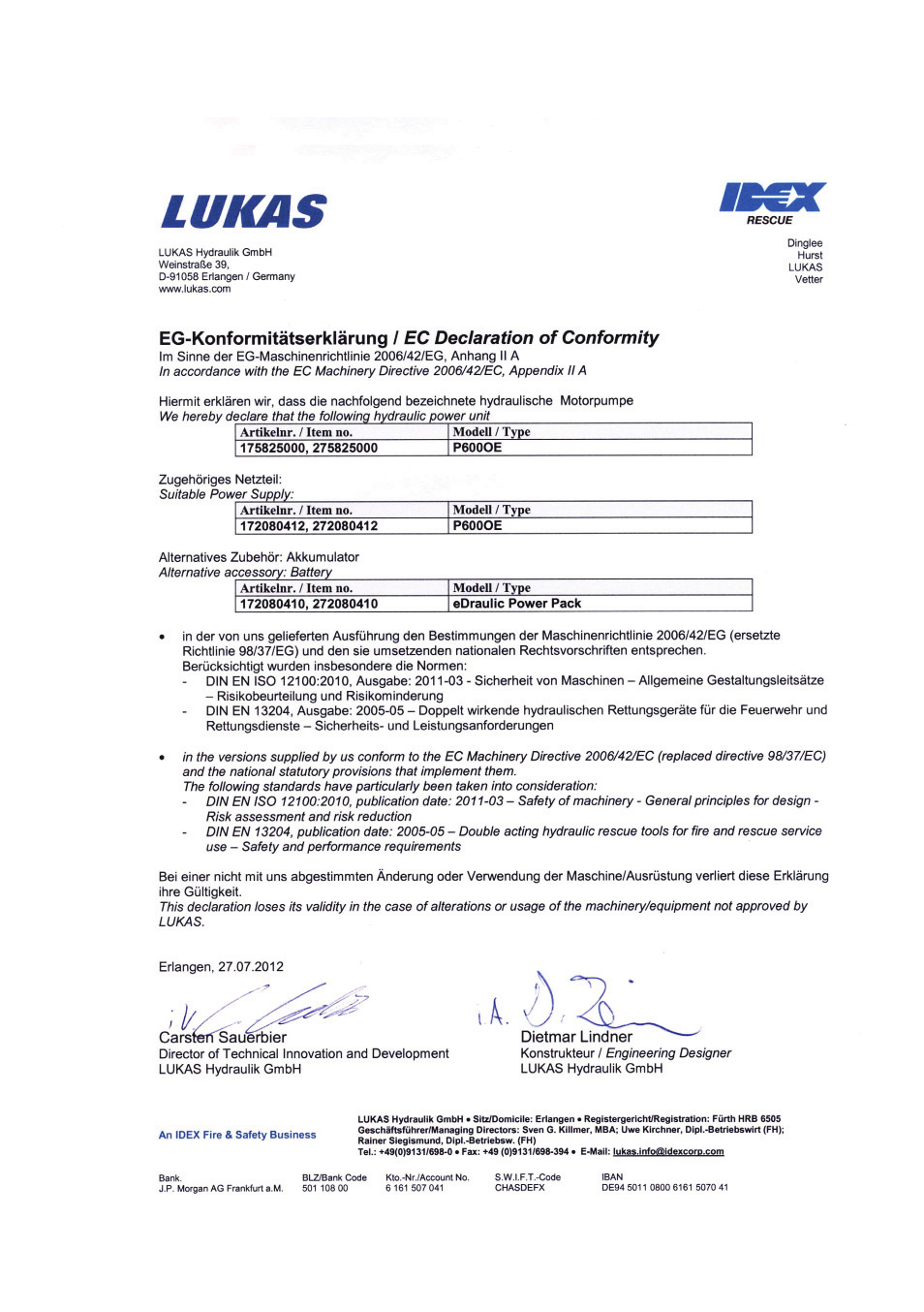 Ec declarations of conformity | Lukas P 600 OE User Manual | Page 36 / 44