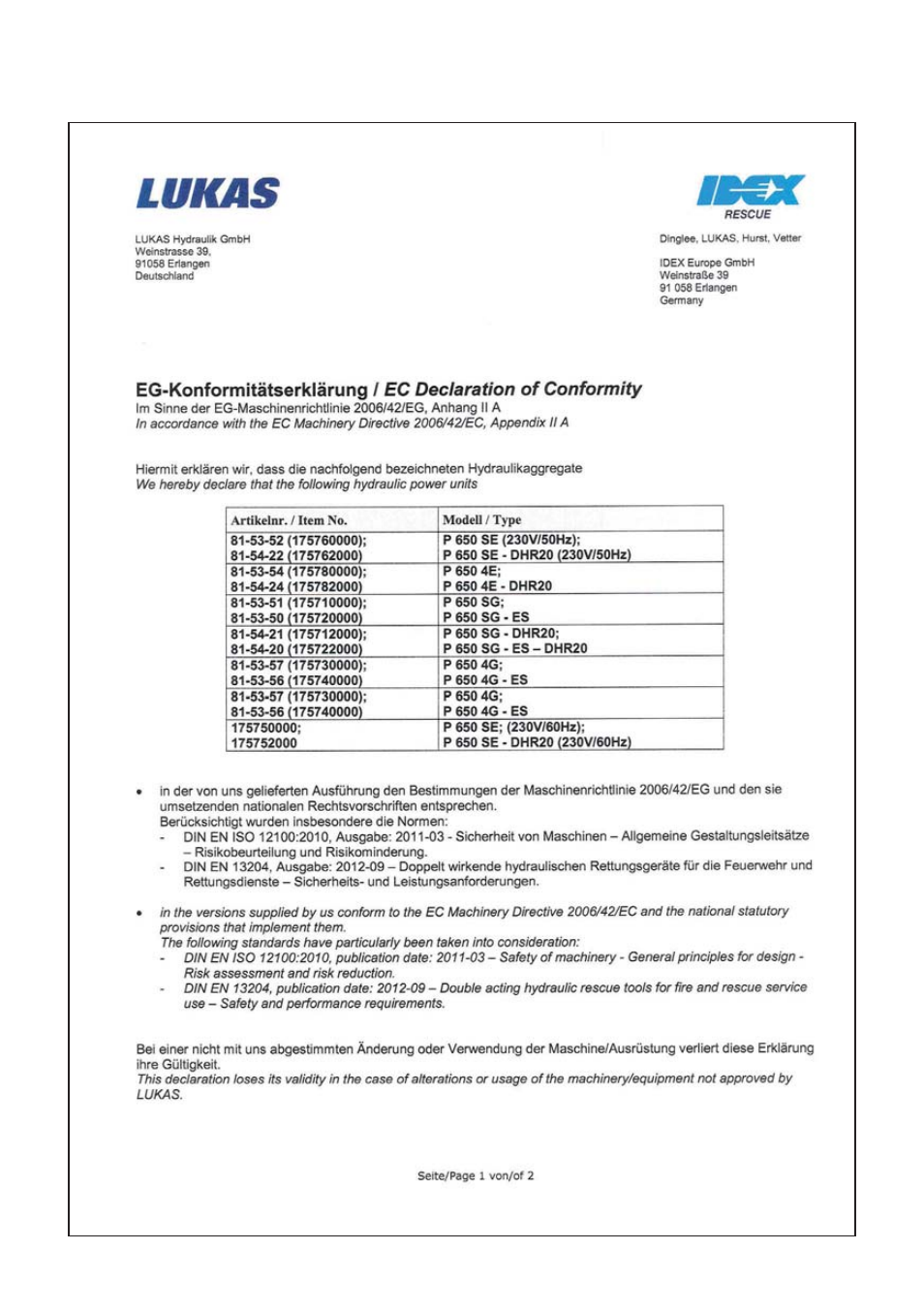 Ec declaration of conformity | Lukas P 650 Series User Manual | Page 65 / 68