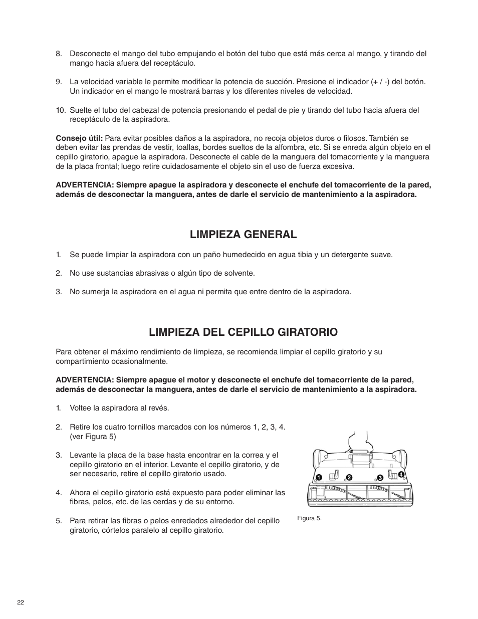 Limpieza general, Limpieza del cepillo giratorio | Beam Electrolux Alliance Q User Manual | Page 22 / 24