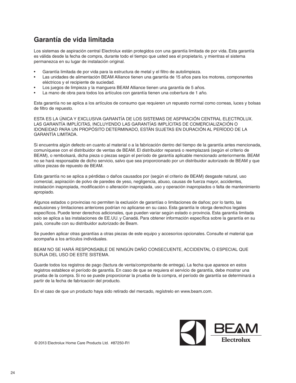 Garantía de vida limitada | Beam Electrolux Alliance Q User Manual | Page 24 / 24