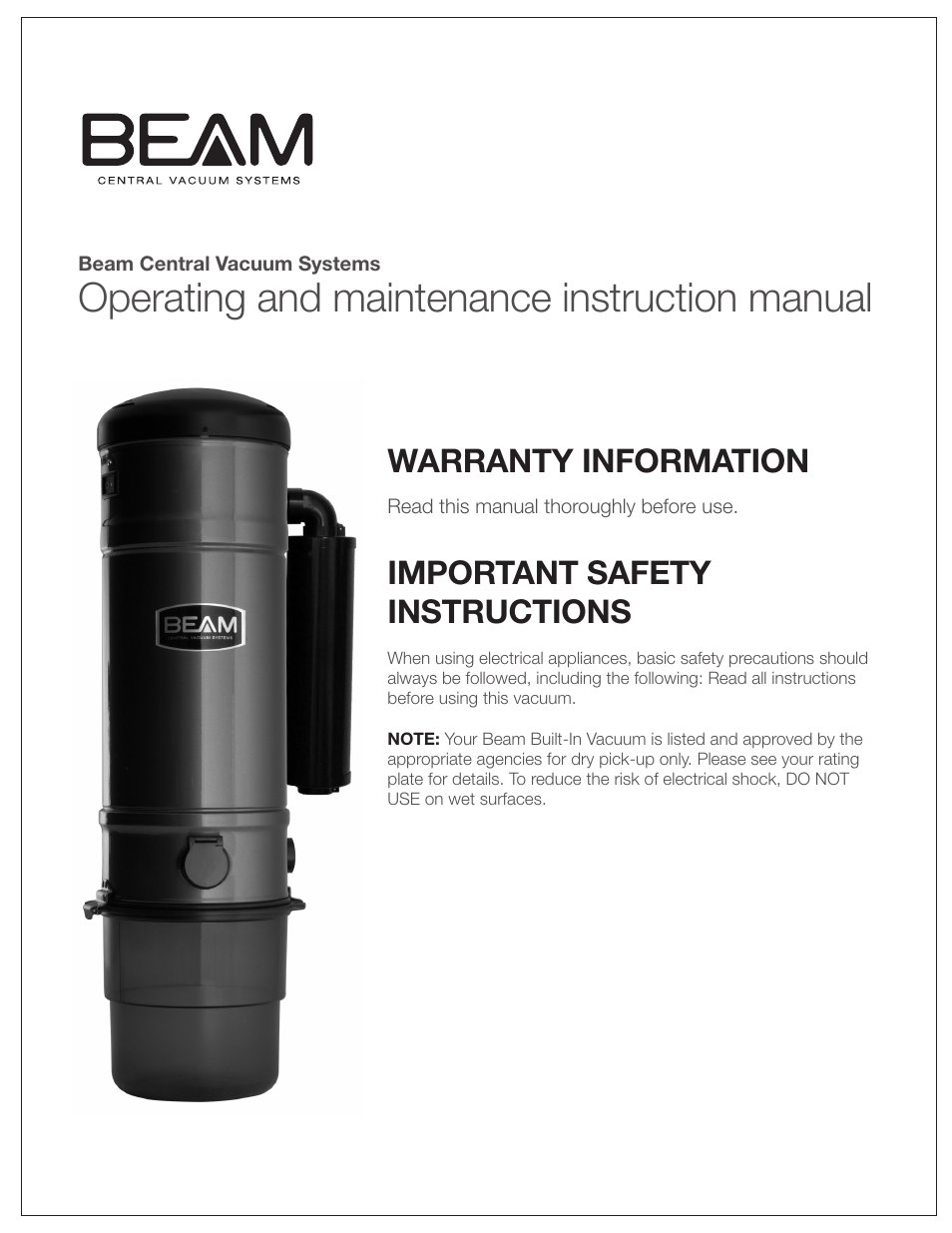 Operating and maintenance instruction manual, Warranty information, Important safety instructions | Beam Electrolux Classic Power Units User Manual | Page 3 / 24