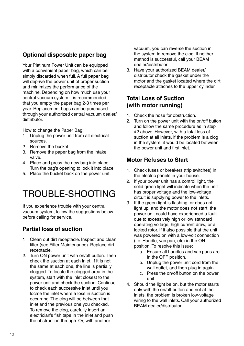 Trouble-shooting, Optional disposable paper bag, Partial loss of suction | Total loss of suction (with motor running), Motor refuses to start | Beam Electrolux Platinum User Manual | Page 10 / 12