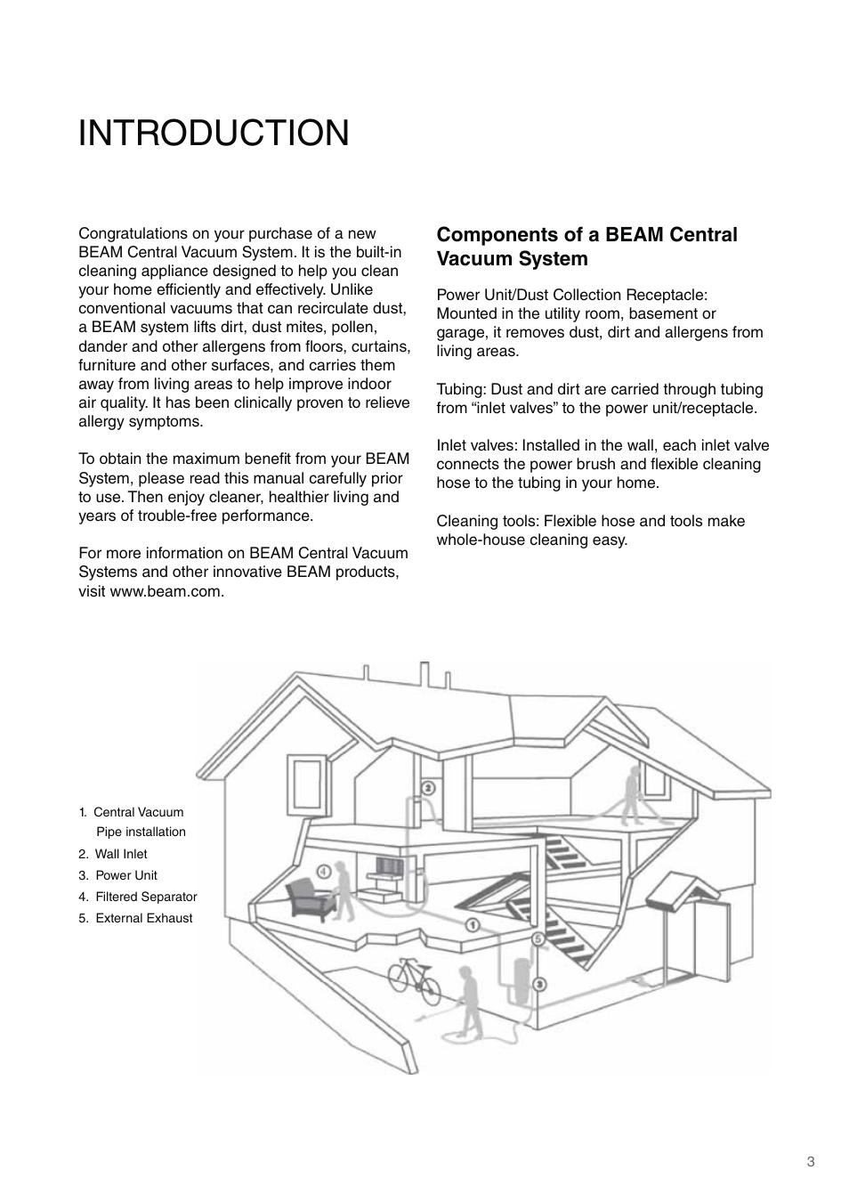 Introduction, Components of a beam central vacuum system | Beam Electrolux Platinum User Manual | Page 3 / 12