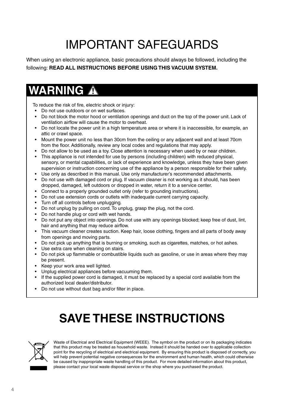 Important safeguards, Save these instructions, Warning | Beam Electrolux Platinum User Manual | Page 4 / 12