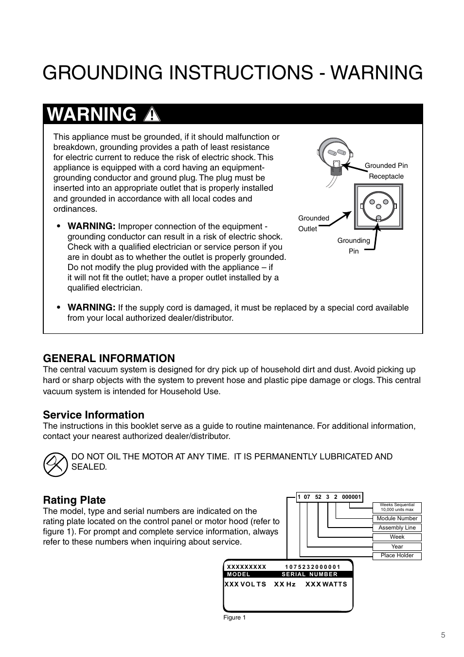 Grounding instructions - warning, Warning, General information | Service information, Rating plate | Beam Electrolux Platinum User Manual | Page 5 / 12