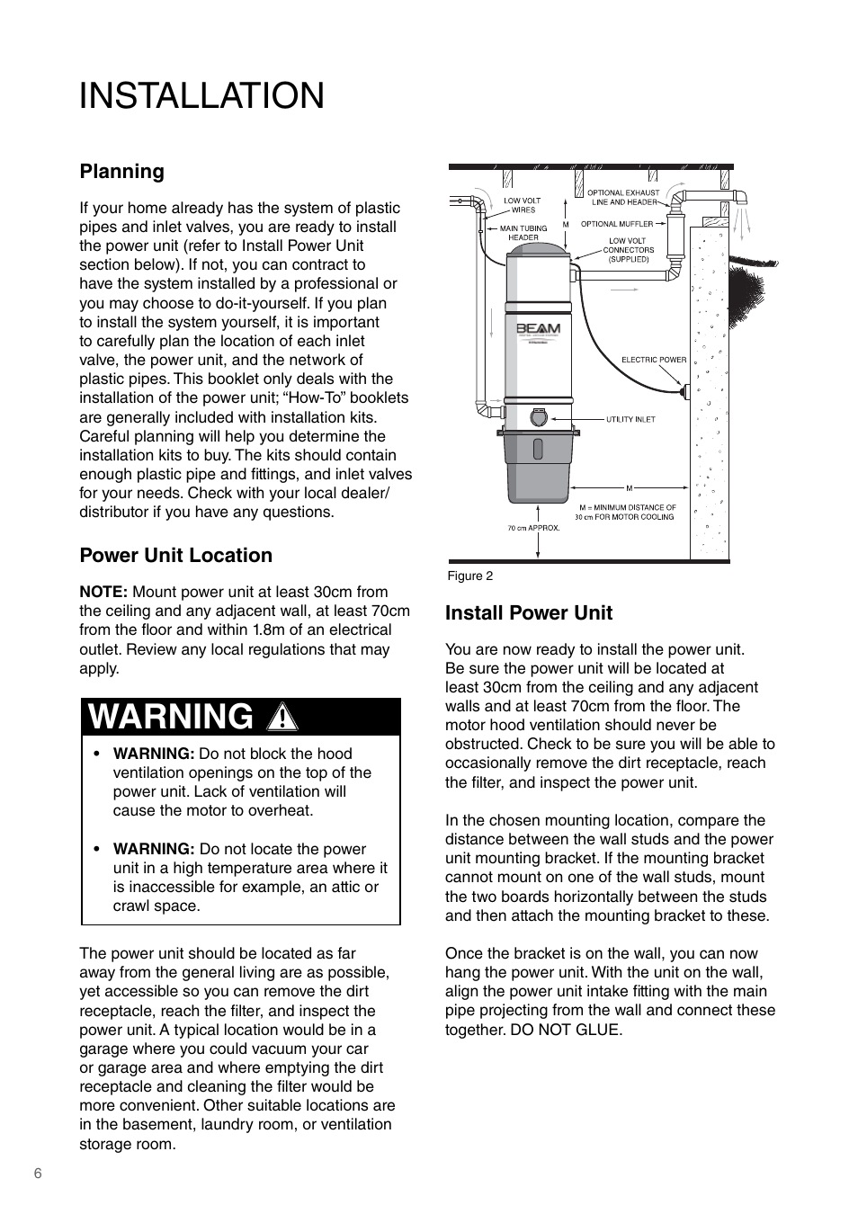 Installation, Warning | Beam Electrolux Platinum User Manual | Page 6 / 12