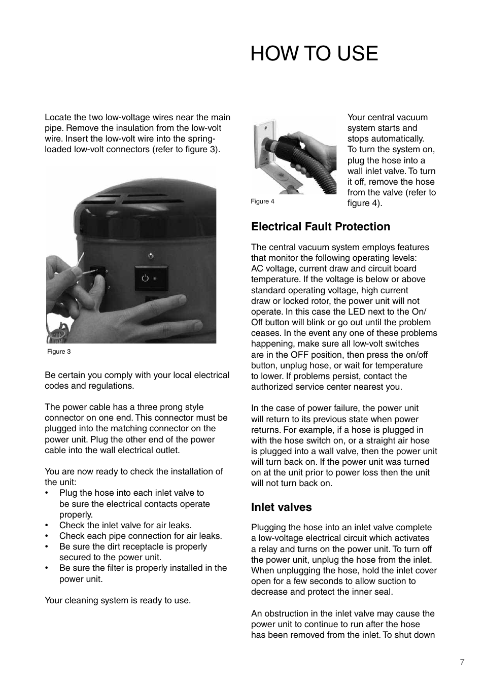 How to use, Electrical fault protection, Inlet valves | Beam Electrolux Platinum User Manual | Page 7 / 12