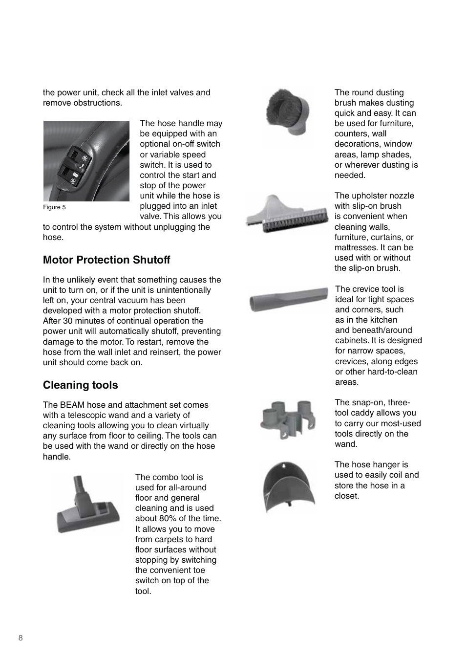Motor protection shutoff, Cleaning tools | Beam Electrolux Platinum User Manual | Page 8 / 12
