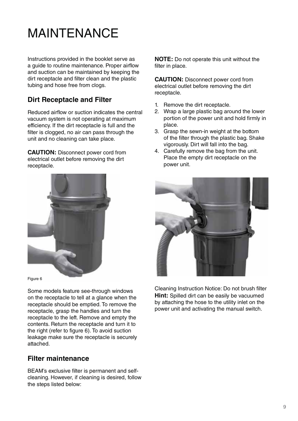 Maintenance, Dirt receptacle and filter, Filter maintenance | Beam Electrolux Platinum User Manual | Page 9 / 12