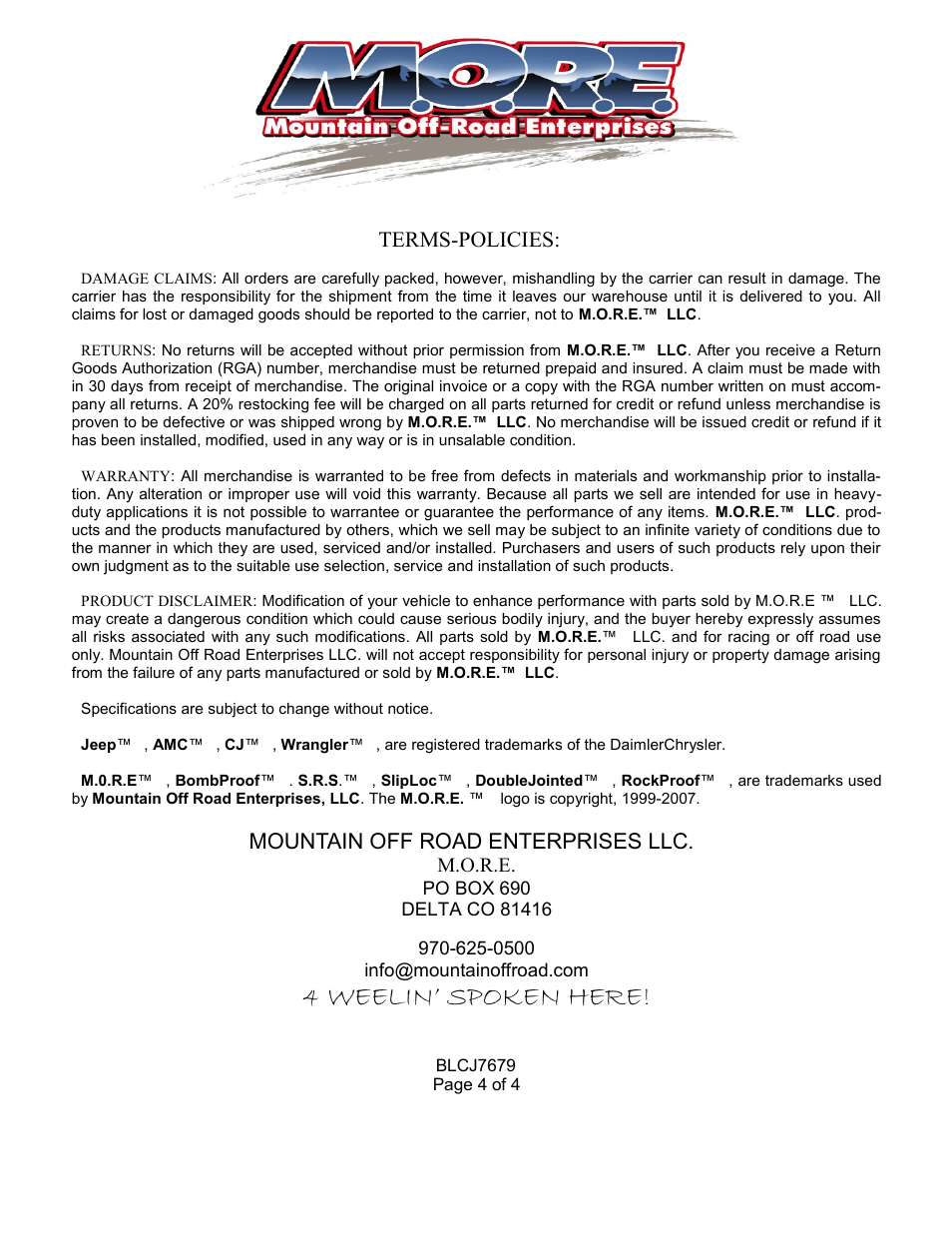 4 weelin’ spoken here, Terms-policies, Mountain off road enterprises llc | Mountain Off Road BLCJ7679 User Manual | Page 4 / 4