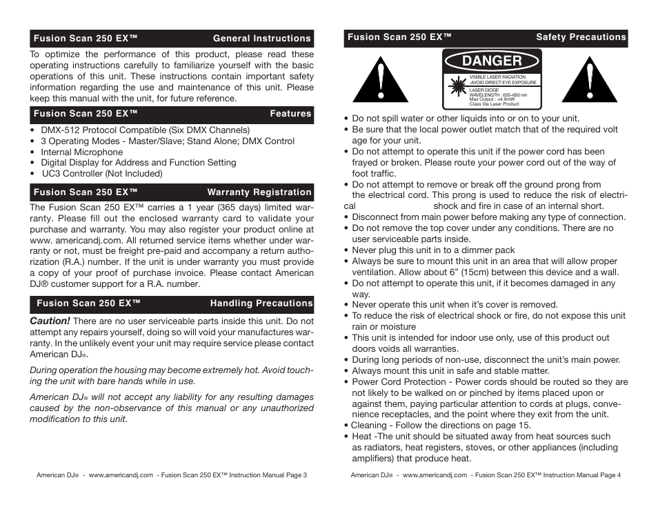 Danger | American International Fusion Scan 250 EX User Manual | Page 2 / 10
