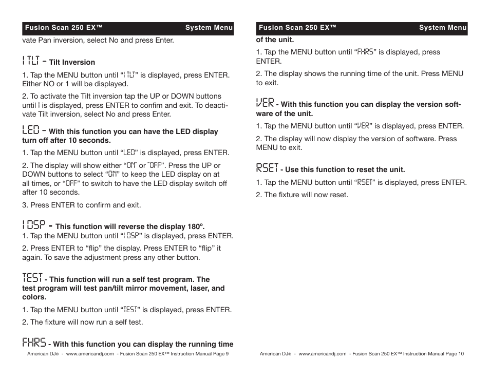 I tlt, I dsp, Test | Fhrs, Rset | American International Fusion Scan 250 EX User Manual | Page 5 / 10