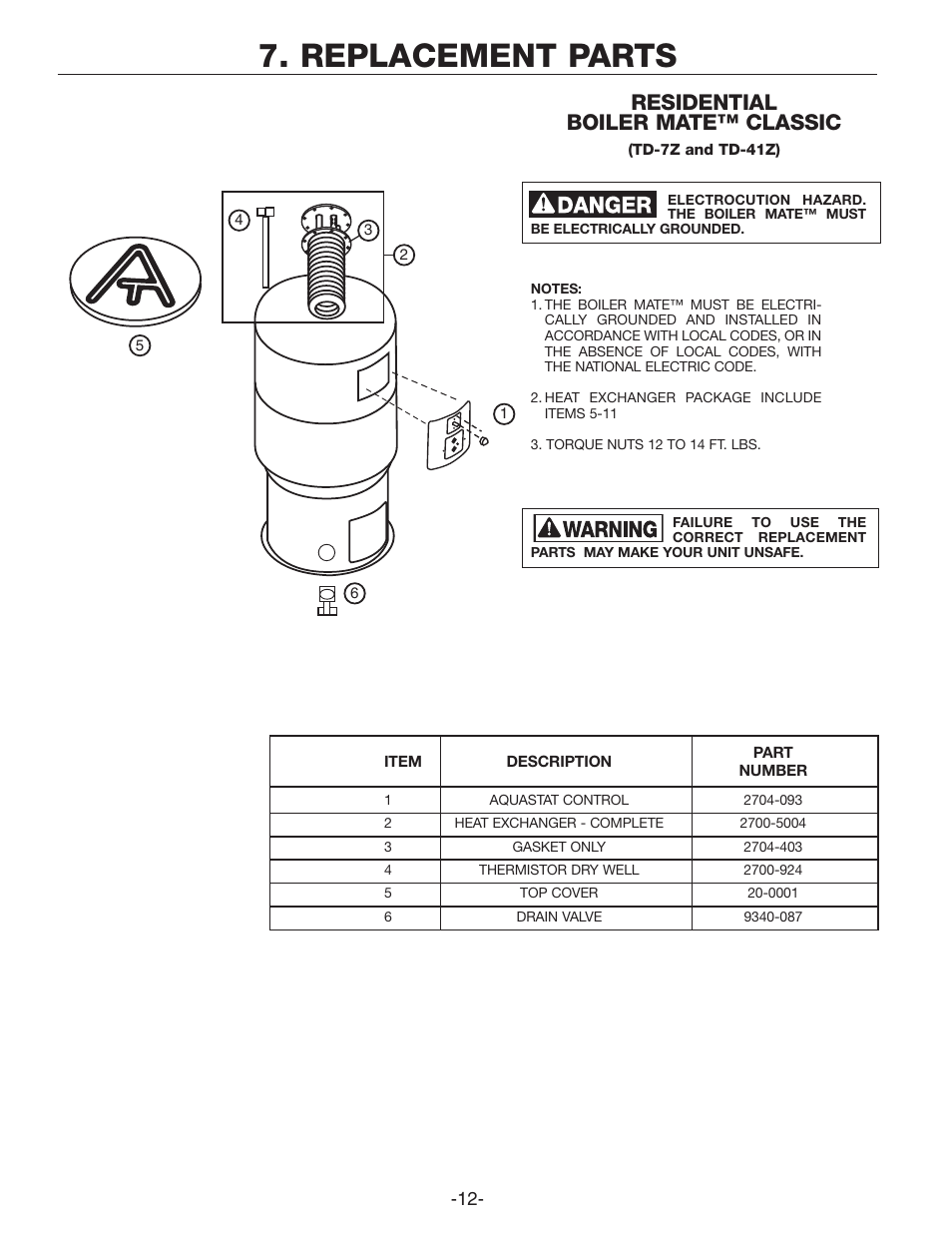 Replacement parts, Residential boiler mate™ classic | Amtrol TD-7ZDW User Manual | Page 12 / 16