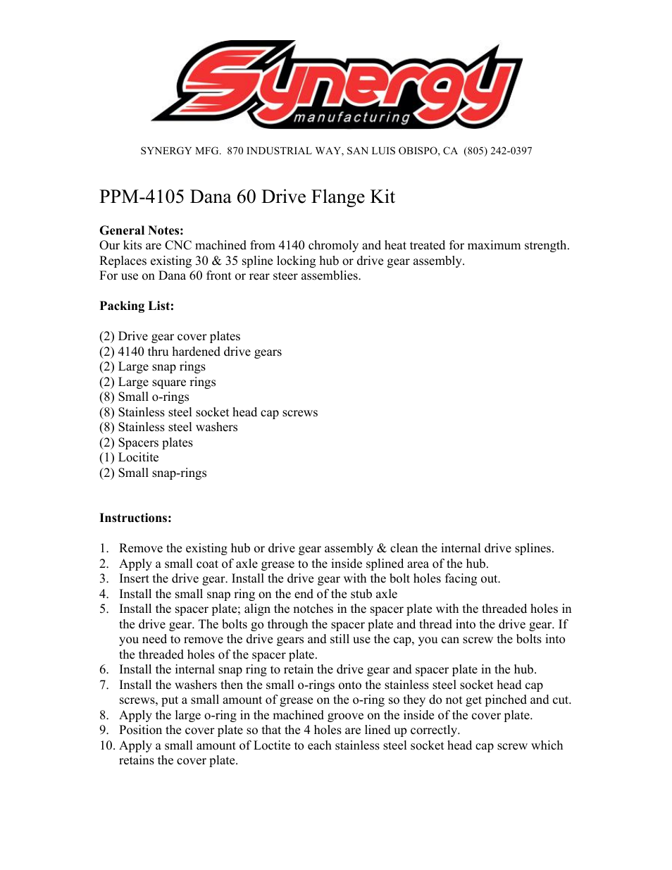 Synergy 4105 / 6 - D60 Drive Gears User Manual | 1 page