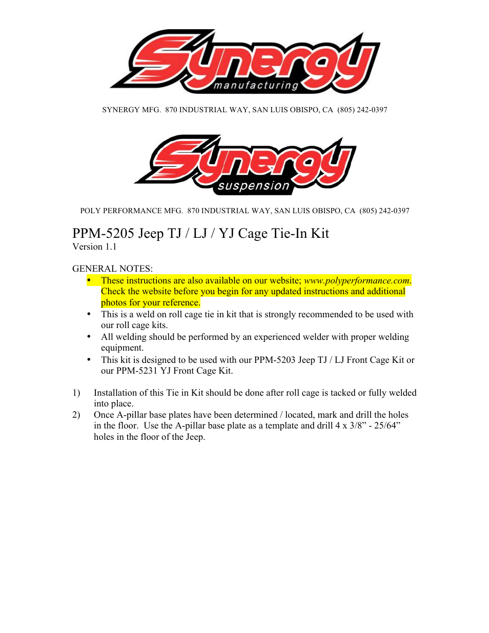 Synergy 5205 - TJ/LJ Cage Tie-In Kit User Manual | 4 pages