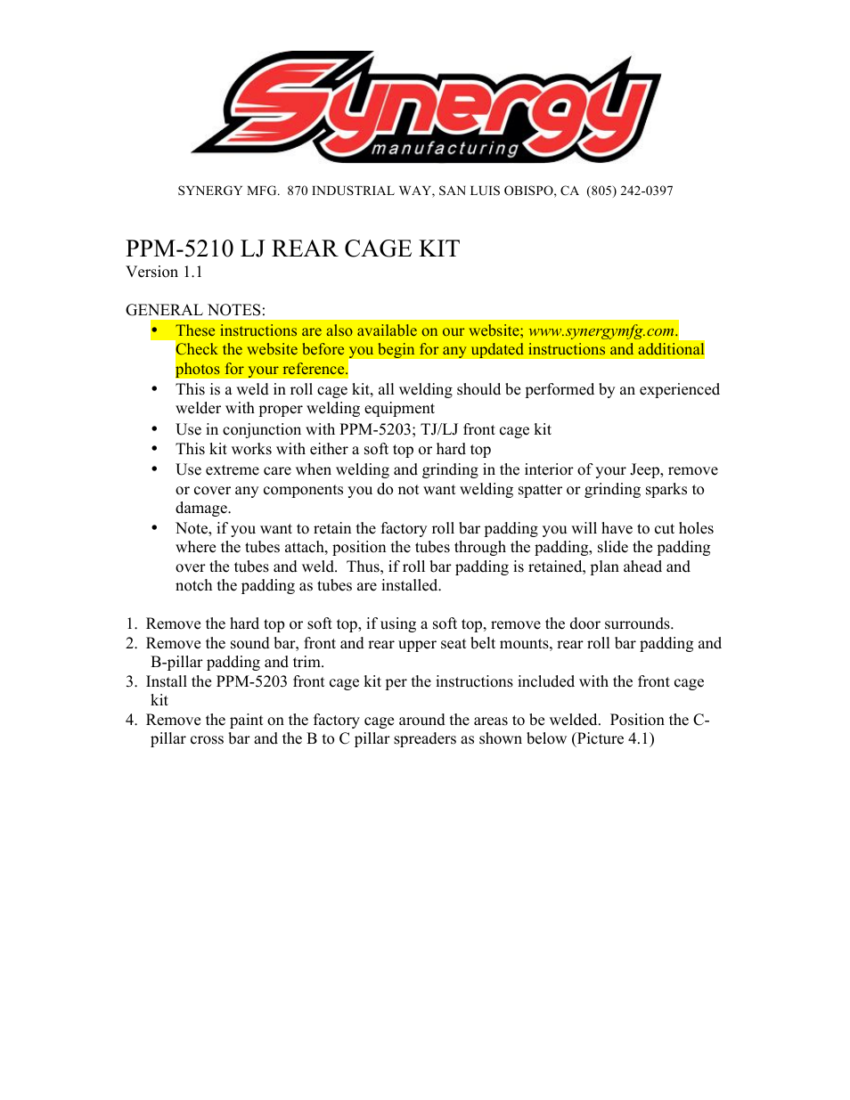 Synergy 5210 - Jeep LJ/TJ Cage Kit User Manual | 8 pages