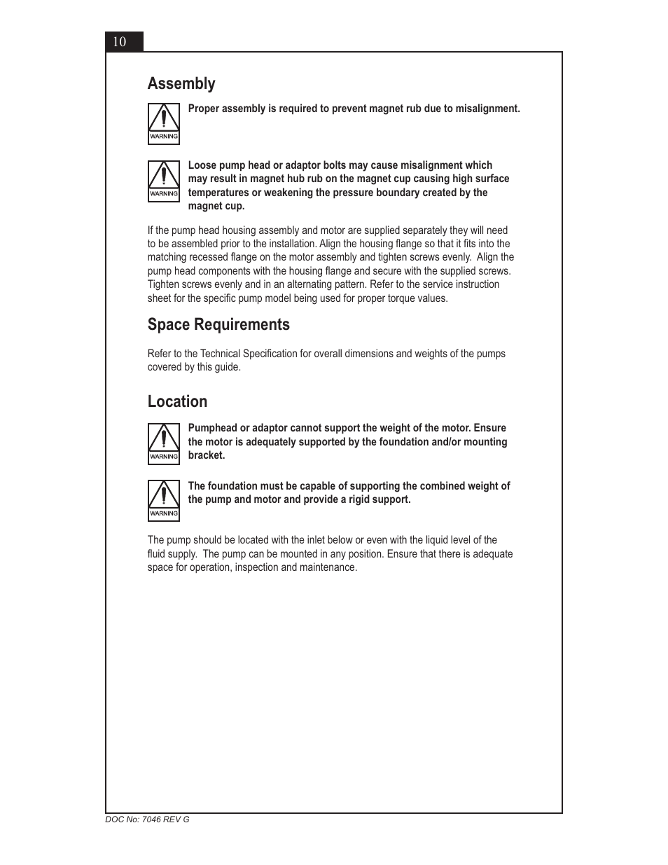 Space requirements, Location, Assembly | Micropump GN Series Installation, Operation and Warranty Information User Manual | Page 10 / 35