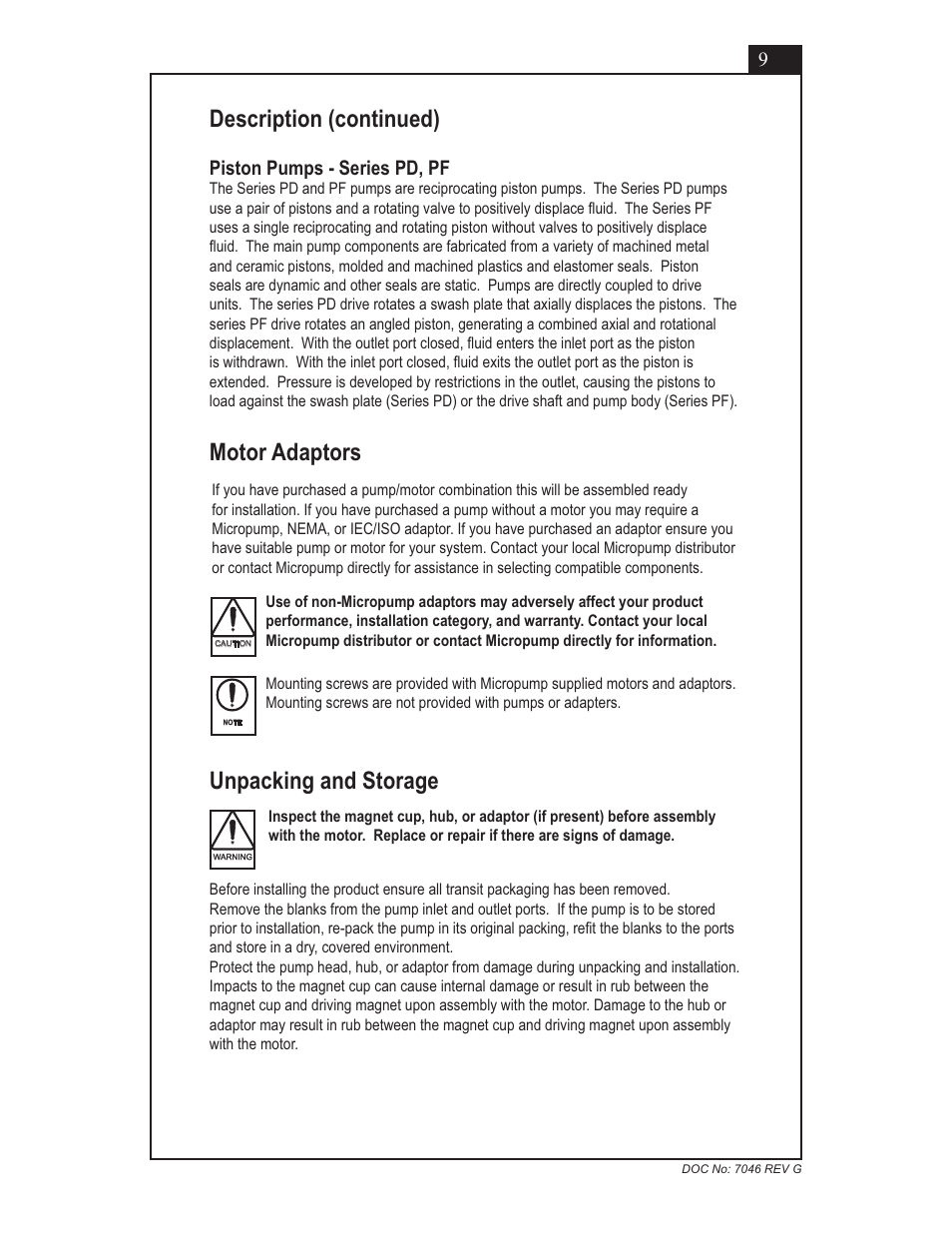 Description (continued), Unpacking and storage, Motor adaptors | Micropump GN Series Installation, Operation and Warranty Information User Manual | Page 9 / 35