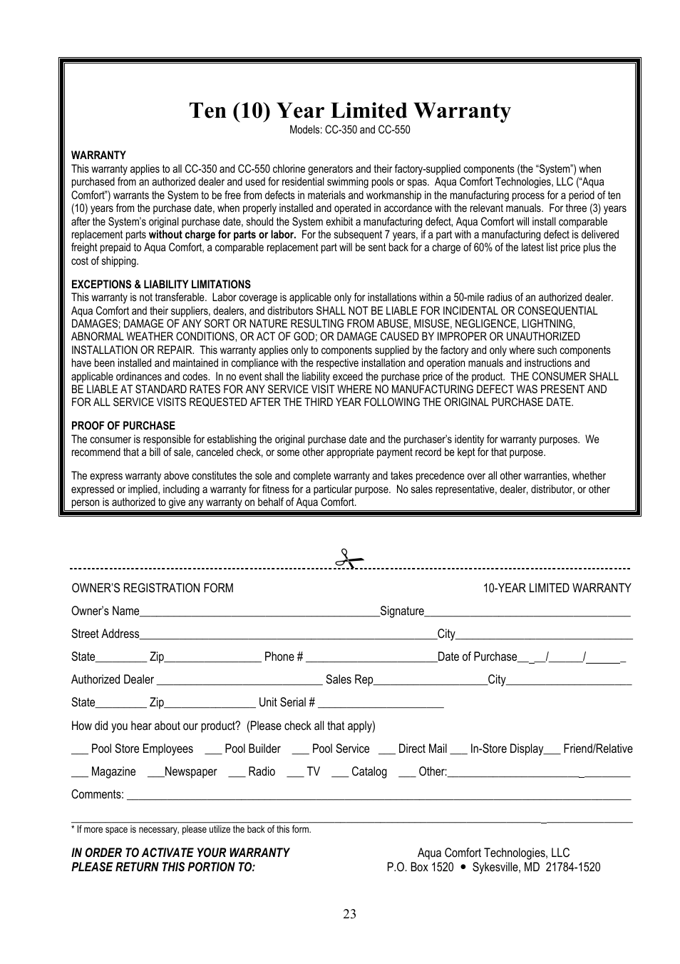 Ten (10) year limited warranty, Warranty, Exceptions & liability limitations | Proof of purchase, Owner’s registration form 10-year limited, Warranty & registration | Aqua Products CC-350 User Manual | Page 23 / 24