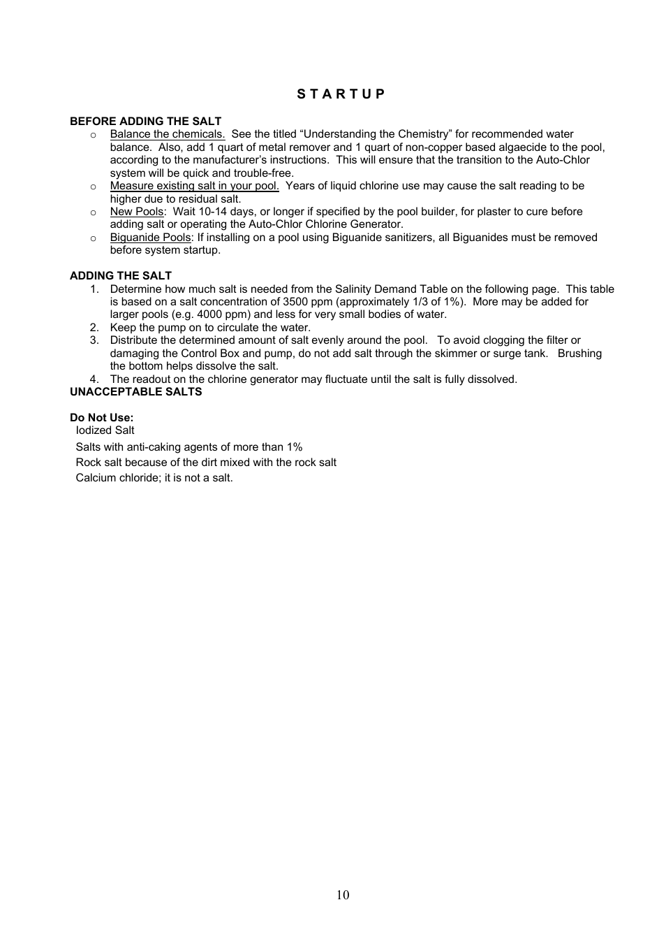 Before adding salt/minerals, Adding salt | Aqua Products Auto-Chlor AC-6000 User Manual | Page 10 / 24