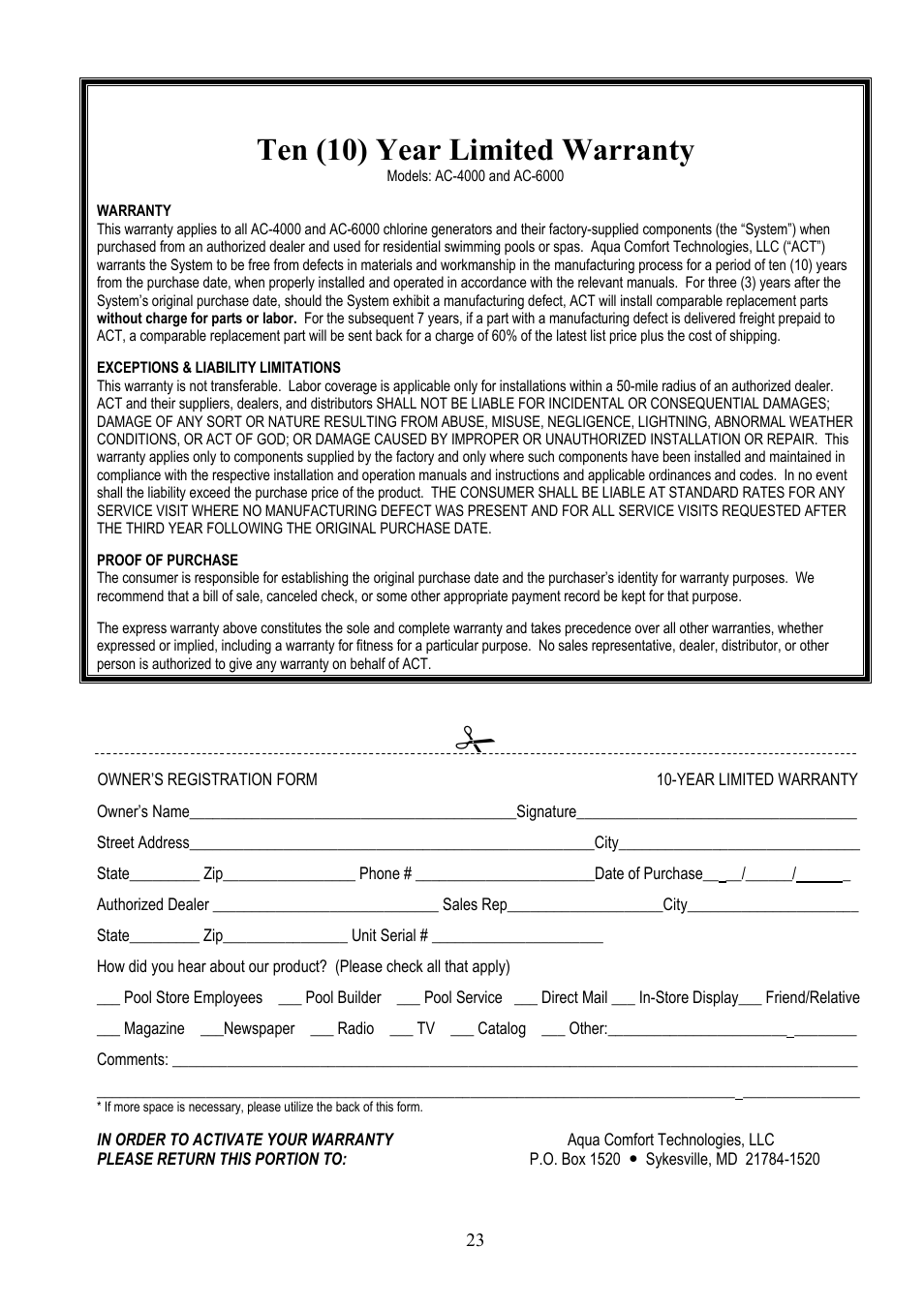 Ten (10) year limited warranty, Warranty, Exceptions & liability limitations | Proof of purchase, Owner’s registration form 10-year limited, Warranty & registration | Aqua Products Auto-Chlor AC-6000 User Manual | Page 23 / 24