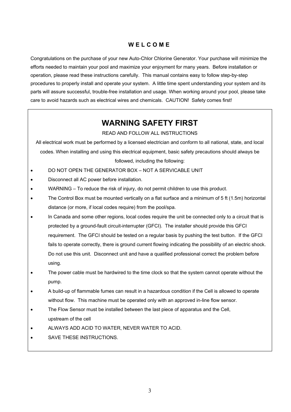 Safety first, Warning safety first | Aqua Products Auto-Chlor AC-6000 User Manual | Page 3 / 24