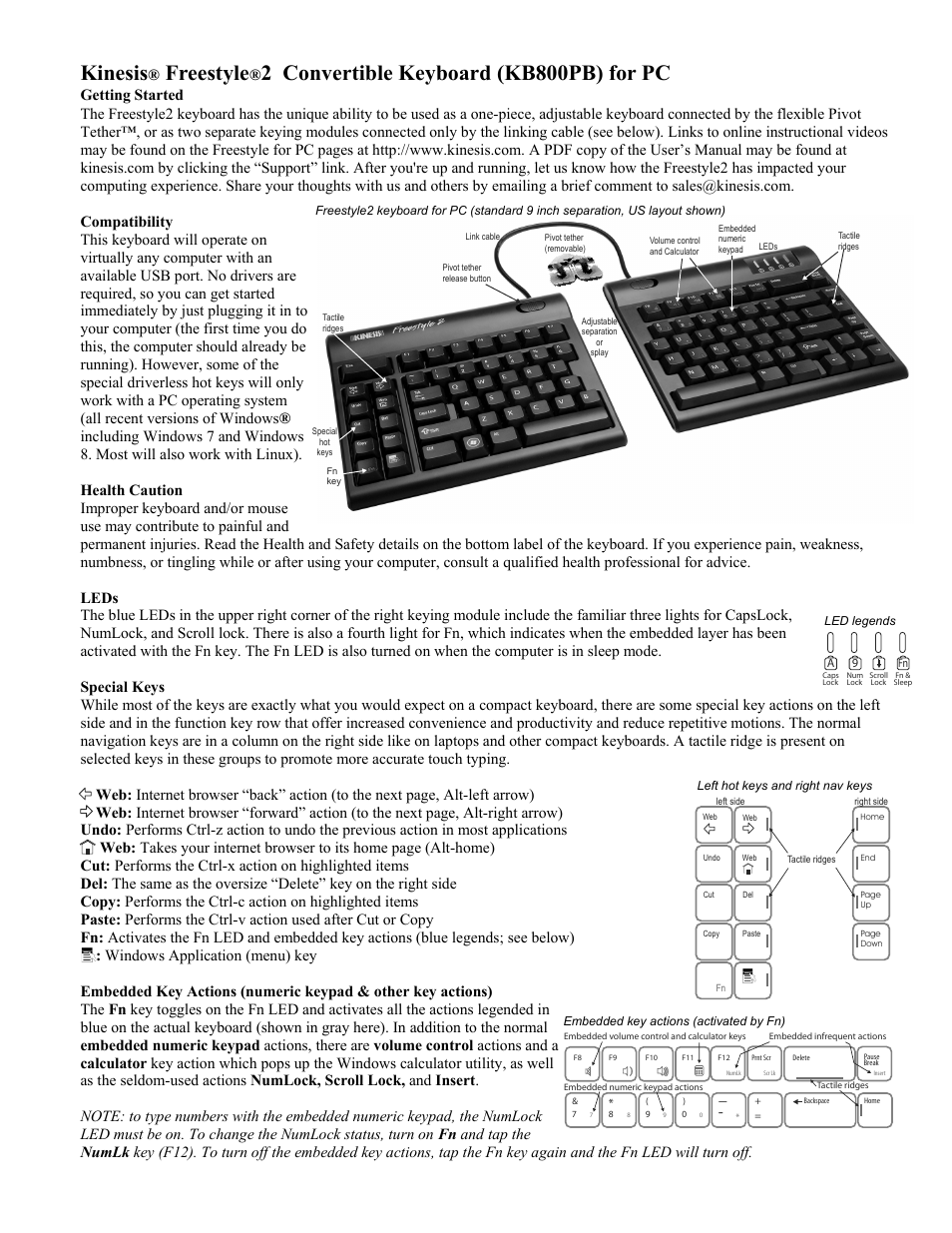 Kinesis KB800PB Freestyle2 Keyboard for PC User Manual | 2 pages