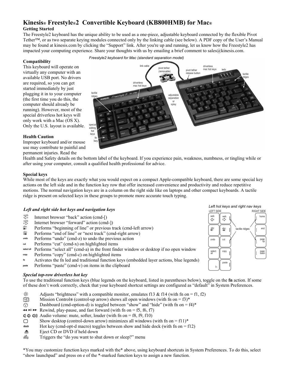 Kinesis KB800HMB Freestyle2 Keyboard for Mac User Manual | 2 pages