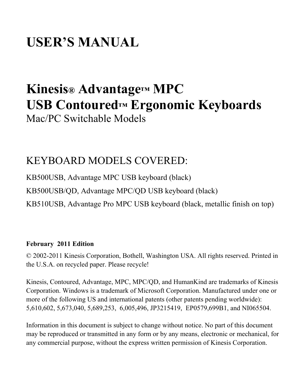 User’s manual kinesis, Advantage, Mpc usb contoured | Ergonomic keyboards | Kinesis KB510USB USB Contoured Ergonomic Keyboards User Manual | Page 3 / 44