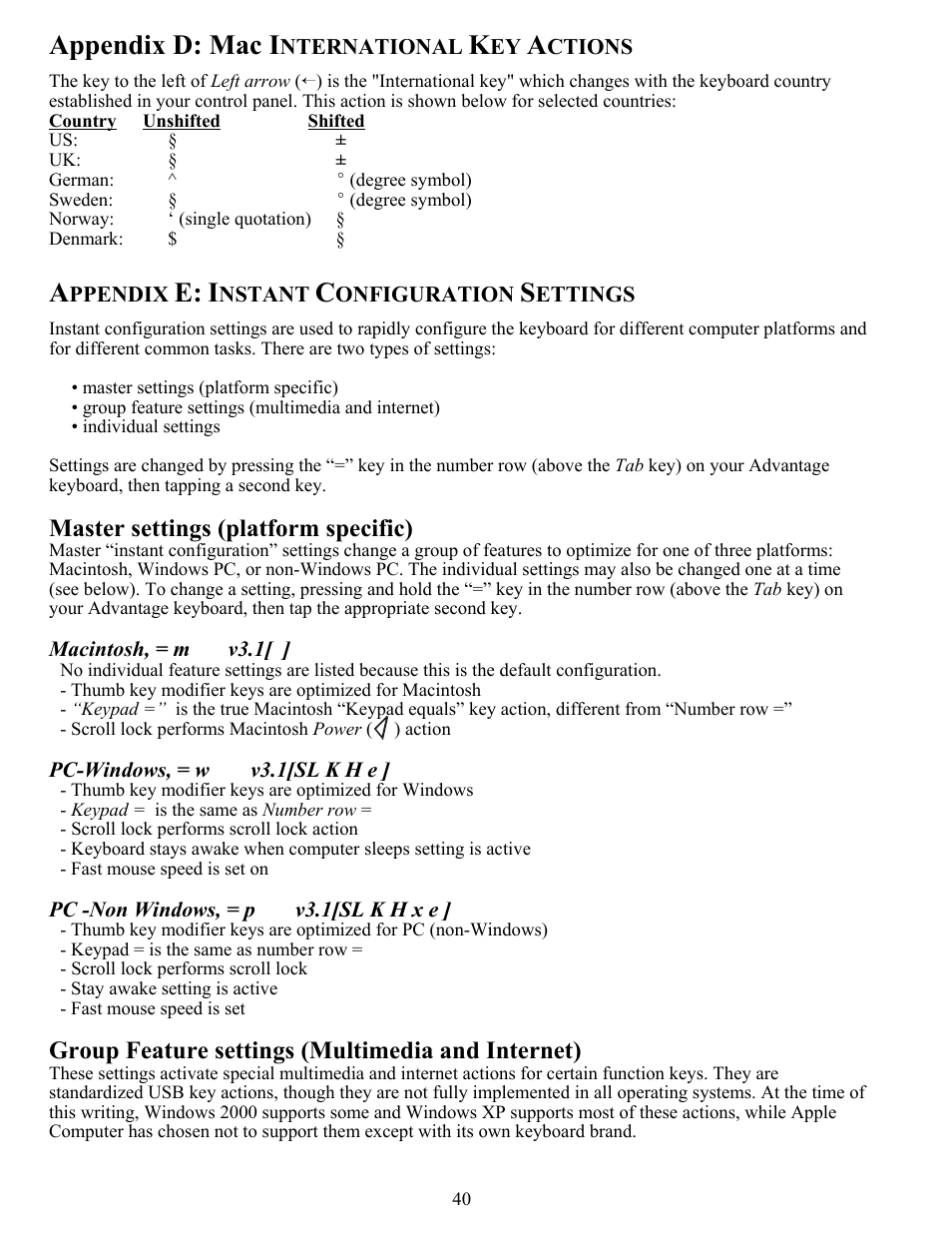 Appendix d: mac i, Master settings (platform specific), Group feature settings (multimedia and internet) | Kinesis KB510USB USB Contoured Ergonomic Keyboards User Manual | Page 40 / 44