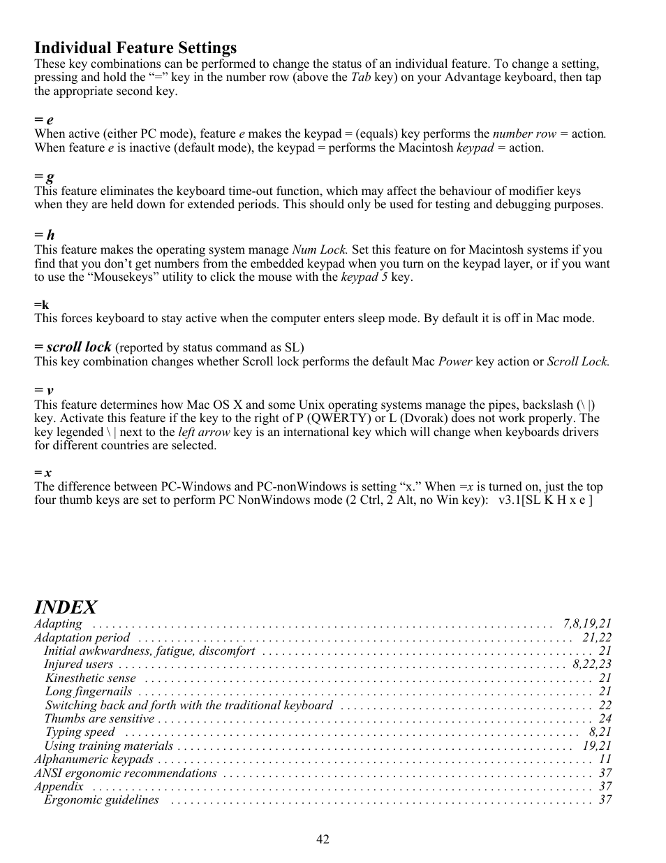 Index, Individual feature settings | Kinesis KB510USB USB Contoured Ergonomic Keyboards User Manual | Page 42 / 44