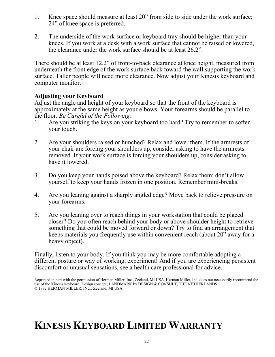 Inesis, Eyboard, Imited | Arranty | Kinesis KB210USB Adjustable Ergonomic USB/PS2 Keyboard User Manual | Page 22 / 26