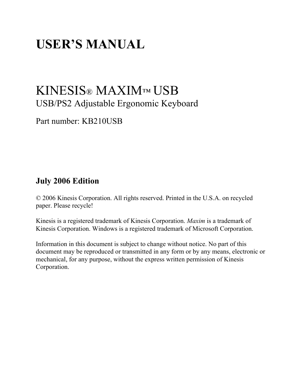 User’s manual kinesis, Maxim | Kinesis KB210USB Adjustable Ergonomic USB/PS2 Keyboard User Manual | Page 3 / 26