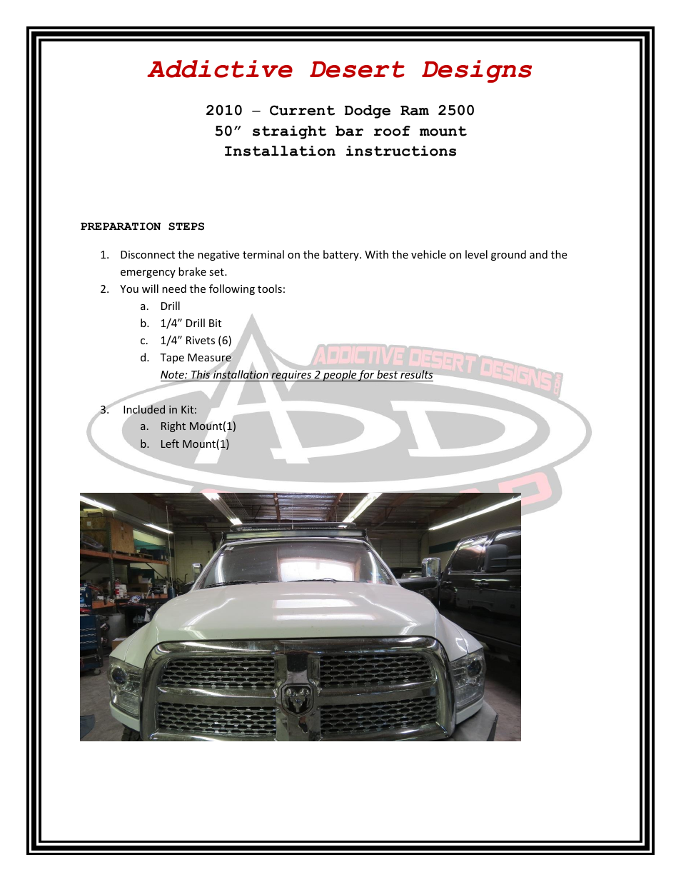 Addictive Desert Designs 2010 – Current Dodge Ram 2500 50 Straight Bar Roof Mount User Manual | 4 pages