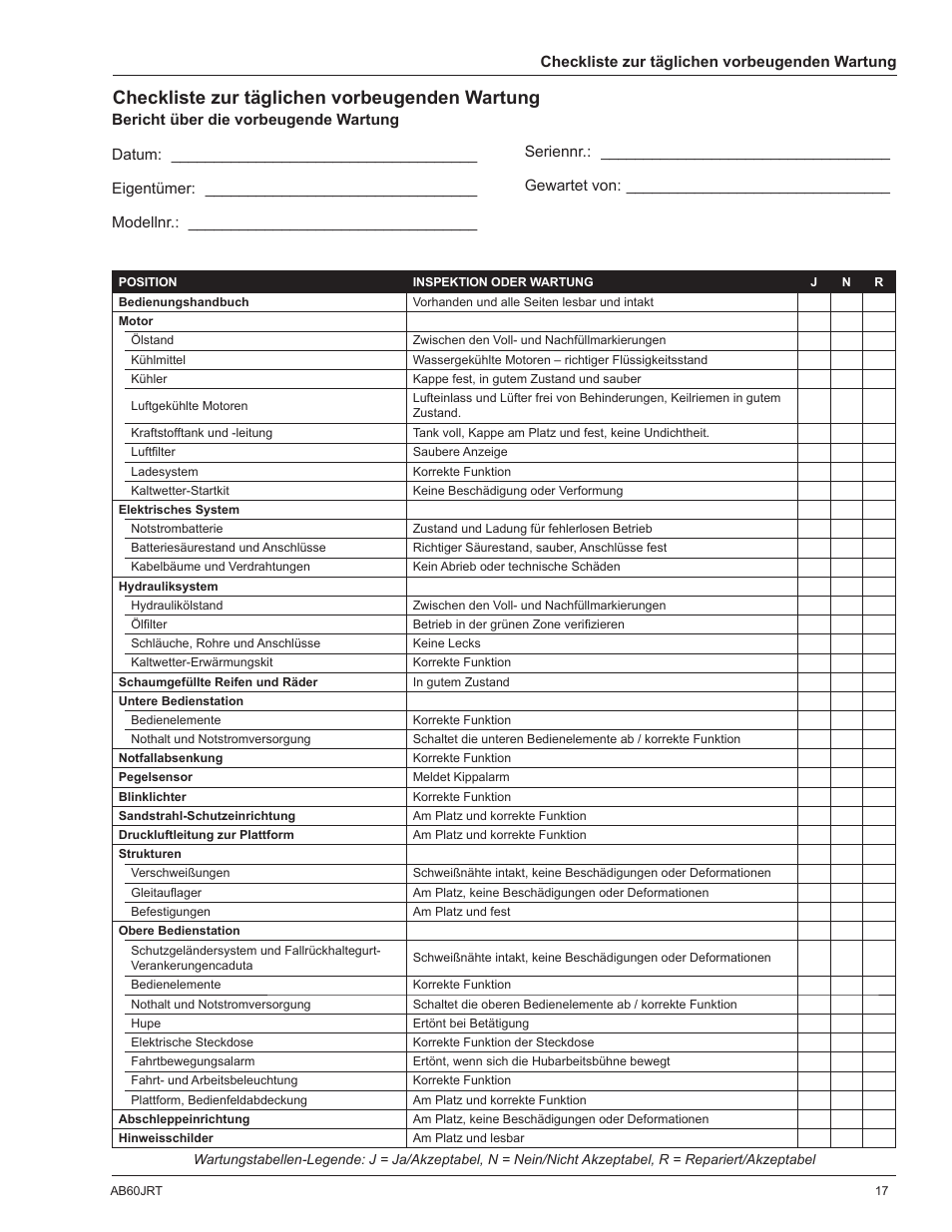 Checkliste zur täglichen vorbeugenden wartung | Snorkel AB60JRT-sn10000+ User Manual | Page 43 / 122