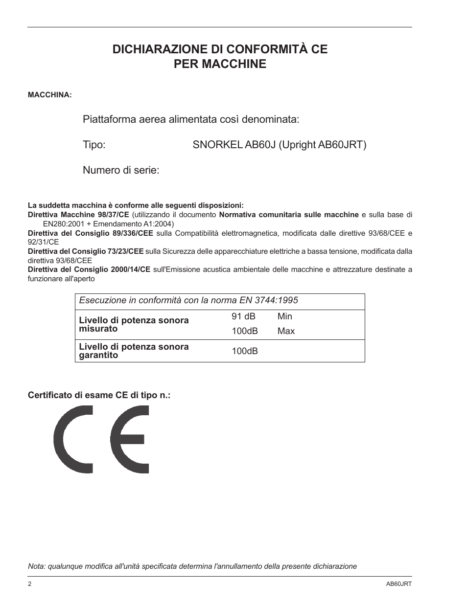 Dichiarazione di conformità ce per macchine | Snorkel AB60JRT-sn10000+ User Manual | Page 76 / 122