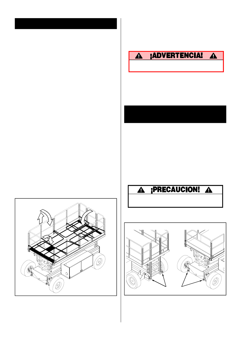 Abatiendo barandas, Transportar la plataforma de trabajo, Procedimiento para abatir (figura 6) | Procedimiento de erección, Por grúa, Por camión | Snorkel LX41-sn1001-2746 User Manual | Page 36 / 40
