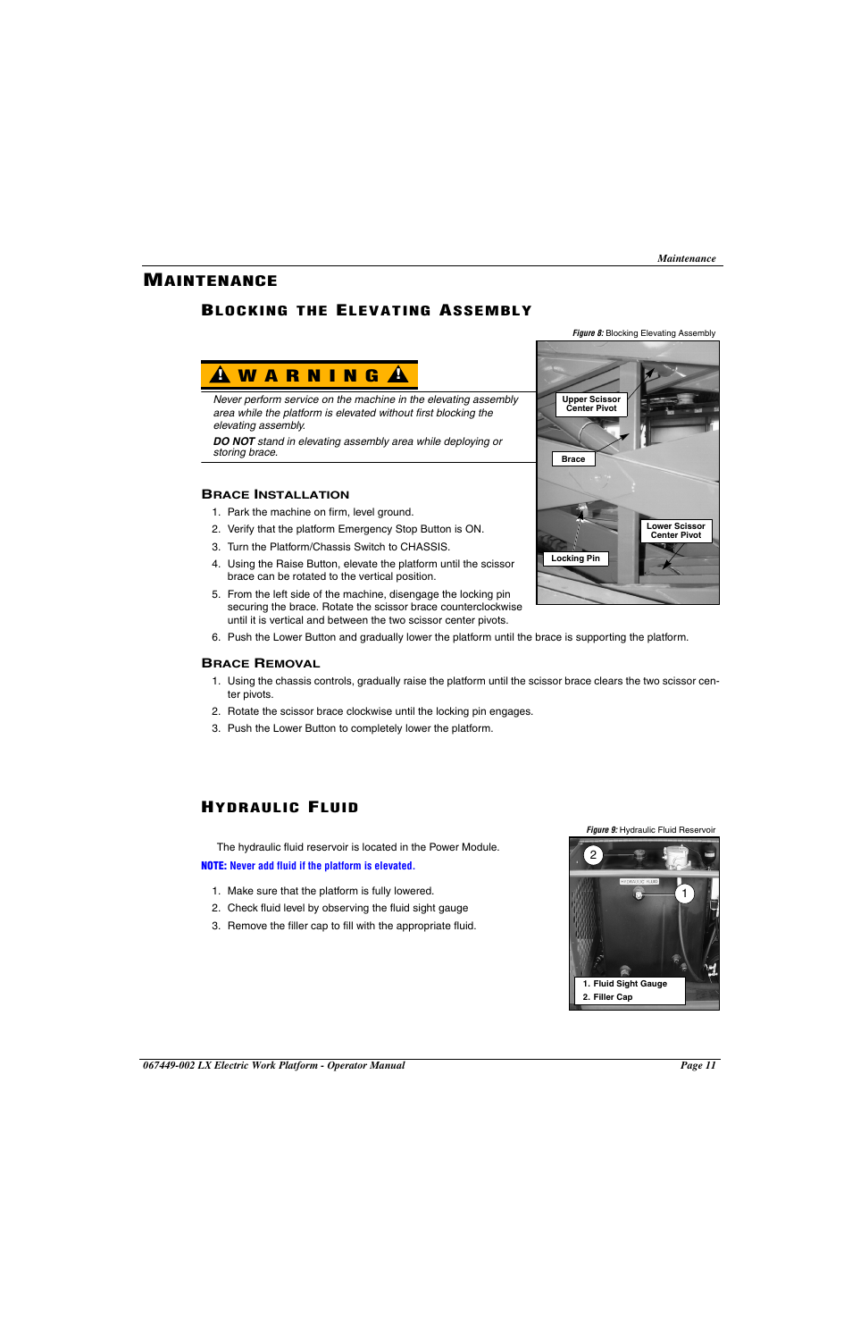 Maintenance, Blocking the elevating assembly, Brace installation brace removal | Hydraulic fluid | Snorkel LX41 Electric-sn4022+ User Manual | Page 15 / 104