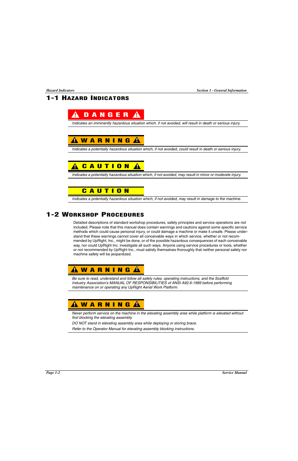 11 hazard indicators, 12 workshop procedures, 1 hazard indicators -2 1-2 workshop procedures -2 | Snorkel LX41 Electric-sn4022+ User Manual | Page 22 / 104