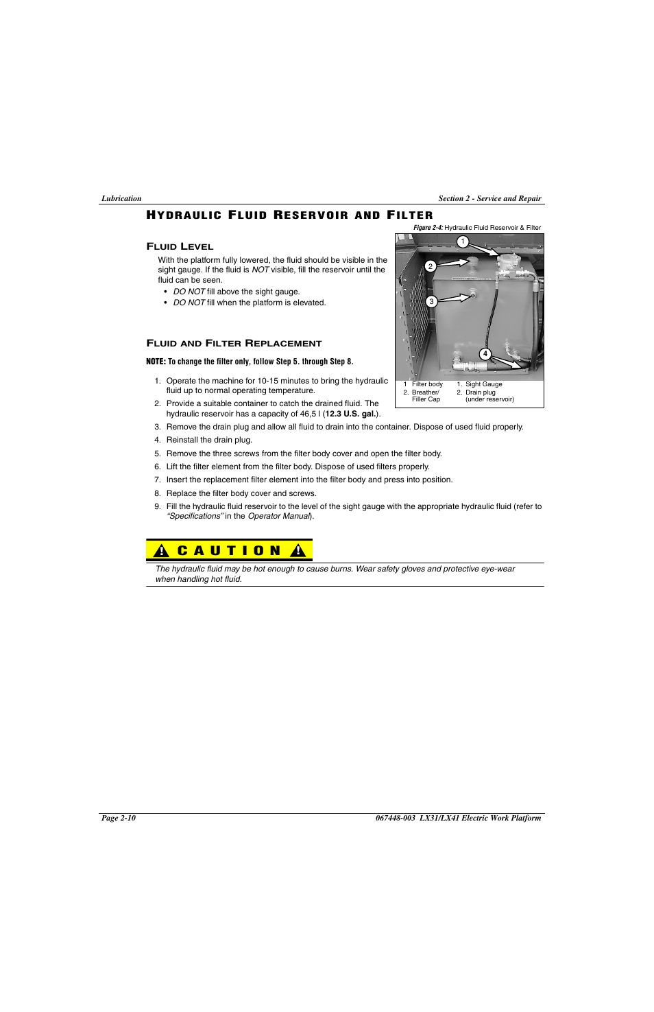 Hydraulic fluid reservoir and filter -10, Fluid level -10 fluid and filter replacement -10, Figure 2-4: hydraulic fluid reservoir & filter -10 | Snorkel LX41 Electric-sn4022+ User Manual | Page 48 / 104